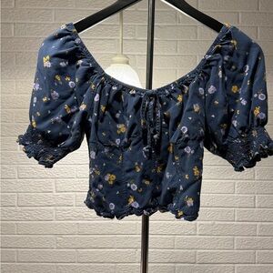 SO Blue and Gold Puff Sleeve Crop Blouse